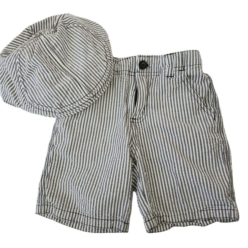 Gymboree Seersucker Brown Striped Shorts and Hat Newsboy Cap Set of 2 Sz 2T